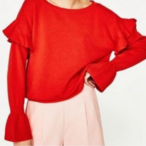 Zara knit boat neck ruffle sleeve sweater size large - Picture 1 of 7